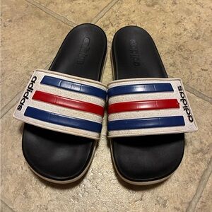 Adidas Black Slides with Red and Blue Accents